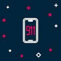 Line Mobile phone with emergency call 911 icon isolated on blue background. Police, ambulance, fire department, call Royalty Free Stock Photo