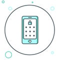 Line Mobile phone and graphic password protection icon isolated on white background. Security, personal access, user