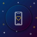 Line Mobile phone with heart icon isolated on blue background. Valentines day. Colorful outline concept. Vector Royalty Free Stock Photo