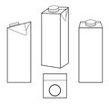 Line mockup of a drink carton for milk, juice in different angles. View turns of cardboard liquid packaging. Front, side, profile