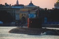 A line of modern russian military naval battleships warships in the row, northern fleet and baltic sea fleet in the open sea