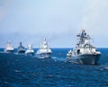 A line of modern russian military naval battleships warships in the row, northern fleet and baltic sea fleet in the open sea