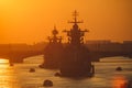 A line of modern russian military naval battleships warships in the row, northern fleet and baltic sea fleet in the open sea Royalty Free Stock Photo