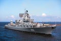 A line of modern russian military naval battleships warships in the row, northern fleet and baltic sea fleet in the open sea Royalty Free Stock Photo