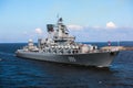 A line of modern russian military naval battleships warships in the row, northern fleet and baltic sea fleet in the open sea Royalty Free Stock Photo