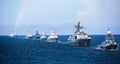 A line of modern russian military naval battleships warships in the row, northern fleet and baltic sea fleet in the open sea