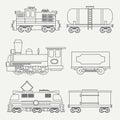 Line modern and vintage trains with cargo wagons and tank icons set. Steam, diesel and electric locomotives. Vector