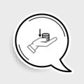 Line Money on hand icon isolated on grey background. Palm holds cash with down. Cash salary decrease. Colorful outline