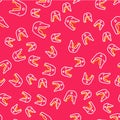 Line Motocross motorcycle helmet icon isolated seamless pattern on red background. Vector Royalty Free Stock Photo