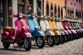 A line of motor scooters neatly parked side by side in a designated parking area, Retro Vespa scooters in different shades parked Royalty Free Stock Photo