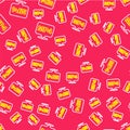 Line MP4 file document. Download mp4 button icon isolated seamless pattern on red background. MP4 file symbol. Vector Royalty Free Stock Photo