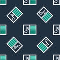 Line Music book with note icon isolated seamless pattern on black background. Music sheet with note stave. Notebook for Royalty Free Stock Photo