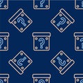 Line Mystery box or random loot box for games icon isolated seamless pattern on blue background. Question mark. Unknown Royalty Free Stock Photo