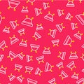 Line Needle bed and needles icon isolated seamless pattern on red background. Handmade and sewing theme. Vector