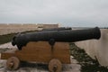 Old cannons in line over a wood platform Royalty Free Stock Photo