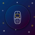 Line Old vintage keypad mobile phone icon isolated on blue background. Retro cellphone device. Vintage 90s mobile phone Royalty Free Stock Photo