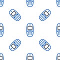 Line Old vintage keypad mobile phone icon isolated seamless pattern on white background. Retro cellphone device. Vintage Royalty Free Stock Photo