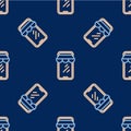 Line Online shopping on mobile phone icon isolated seamless pattern on blue background. Internet shop, mobile store app Royalty Free Stock Photo