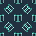 Line Open book icon isolated seamless pattern on black background. Vector Royalty Free Stock Photo
