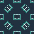 Line Open book icon isolated seamless pattern on black background. Vector Royalty Free Stock Photo