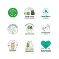 Line organic logo. Green vegan shop label, nature plants vegetarian stamp, restaurant menu sticker design. Vector eco