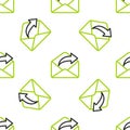 Line Outgoing mail icon isolated seamless pattern on white background. Envelope symbol. Outgoing message sign. Mail