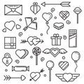 Line and outline vector heart, candy, gift, chocolate, wing, arrow, archery, message and others, Day concept. Valentine and Royalty Free Stock Photo