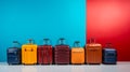 line of Packed colorful suitcases near color wall generative AI