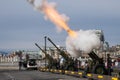 Line of Panter howitzers shooting on Remembrance Day in Victoria, British Columbia, Canada Royalty Free Stock Photo