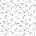 Line paper airplane seamless pattern. Flying black planes of different angles and dotted line trails on white background Royalty Free Stock Photo