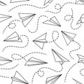 Line paper airplane seamless pattern. Flying planes from different direction with dotted line tracks, black drawing