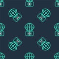 Line Parachute with first aid kit icon isolated seamless pattern on black background. Medical insurance. Vector