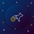 Line Paralyzed dog in wheelchair icon isolated on blue background. Colorful outline concept. Vector