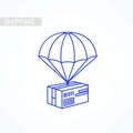 Line parcel box item. Shipping service concept. Flat outline design colored illustration of package with parachute. Fast Royalty Free Stock Photo