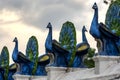 A line of peacock statues line the main courtyard at the Kataragama temple in southern Sri Lanka near Tissamaharama.