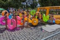 Line of people with inflatable ring. Water hill. Ukraine. Kharkiv. July 10, 2016