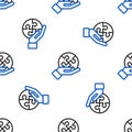 Line Piece of puzzle in hand icon isolated seamless pattern on white background. Business, marketing, finance, template Royalty Free Stock Photo
