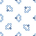 Line Piece of puzzle icon isolated seamless pattern on white background. Modern flat, business, marketing, finance Royalty Free Stock Photo