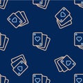 Line Playing cards icon isolated seamless pattern on blue background. Casino gambling. Vector Royalty Free Stock Photo