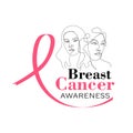 Line portrait. One line women face. Breast Cancer Awareness banner with pink Awareness Ribbon Royalty Free Stock Photo
