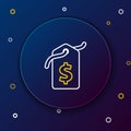 Line Price tag with dollar icon isolated on blue background. Badge for price. Sale with dollar symbol. Promo tag discount. Royalty Free Stock Photo