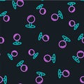 Line Push pin icon isolated seamless pattern on black background. Thumbtacks sign. Vector