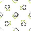 Line Puzzle pieces toy icon isolated seamless pattern on white background. Vector Royalty Free Stock Photo