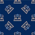 Line Railway station icon isolated seamless pattern on blue background. Vector