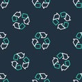 Line Recycle symbol icon isolated seamless pattern on black background. Circular arrow icon. Environment recyclable go
