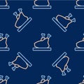 Line Roasted turkey or chicken icon isolated seamless pattern on blue background. Vector