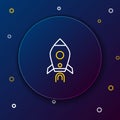 Line Rocket ship with fire icon isolated on blue background. Space travel. Colorful outline concept. Vector Royalty Free Stock Photo