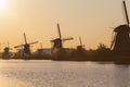 Line of Romantic and Traditional Dutch Windmills in Kinderdijk Village in the Netherlands