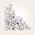 Line rose. Flower tattoo, white and black outline border, branch sketch frame, linear floral leaves. Hand drawn bloom Royalty Free Stock Photo