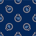 Line Round adjustable embroidery hoop icon isolated seamless pattern on blue background. Thread and needle for Royalty Free Stock Photo